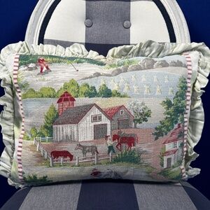 Handmade Vintage Barkcloth Farm Scene Pillow w/ruffle from 'Gigi's Attic'